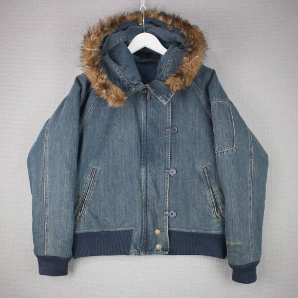 DKNY Jeans Faux Fur Denim High Neck Hooded Jacket - Picture 2 of 8